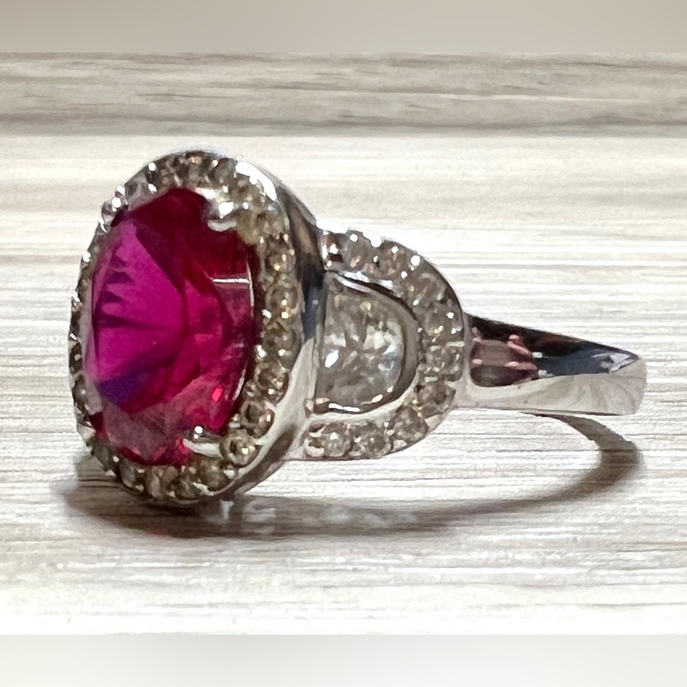 Designer Signed FE Sterling Silver Red & Clear Cubic Zirconia Halo Ring, Size 7 - Picture 2 of 11